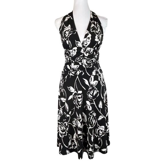 White House Black Market Halter Dress Womens Size XS Black White Floral Stretch - Picture 1 of 10